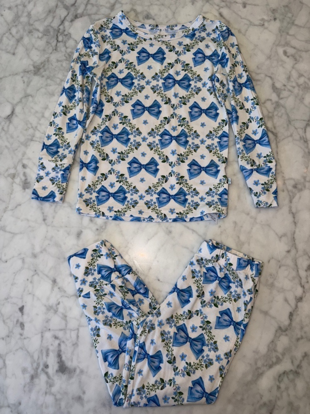 Posh Peanut Blue Bow Floral Long Sleeve Pajama Set 3/4T